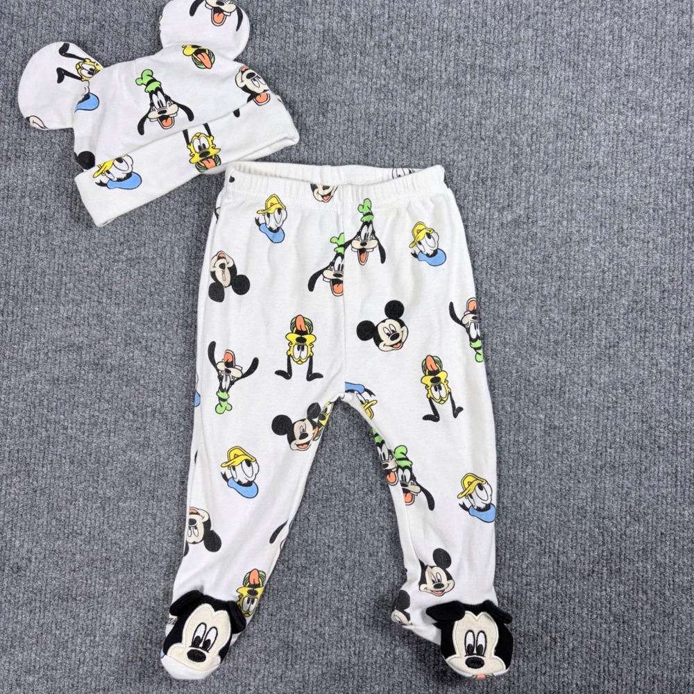 Disney Baby Mickey Mouse Goofy Donald Footed Pants and Beanie Set 3-6M
